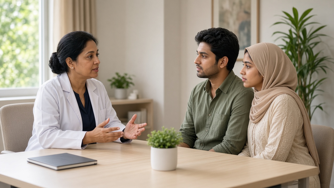 A gynecologist speaking with a couple about fertility