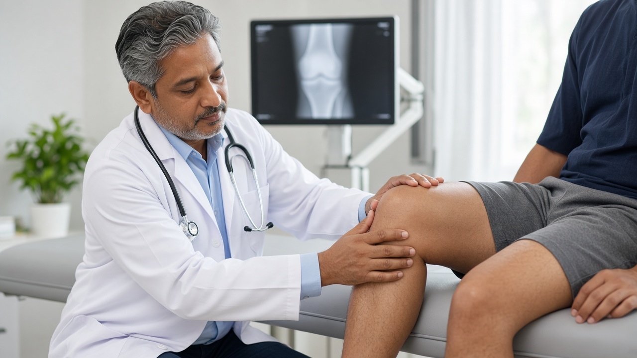 A clinician examining a patient’s knee during an orthopedic visit