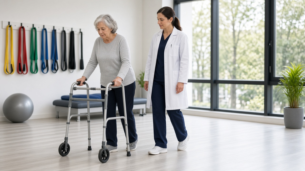 A patient walking with a walker beside a clinician during rehabilitation