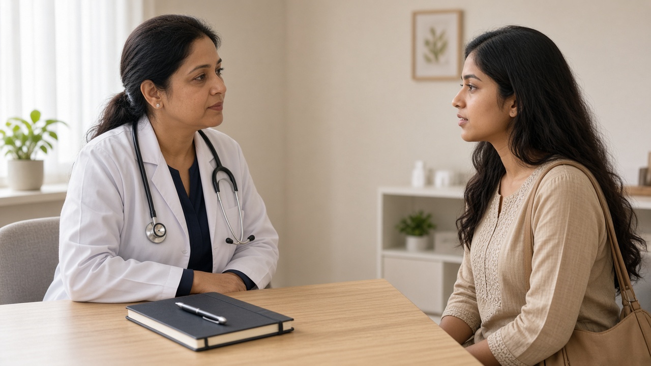 A gynecologist speaking with a patient about menstrual health