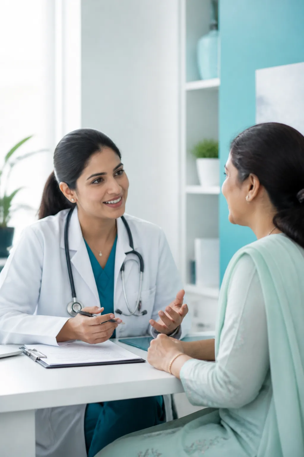 A doctor consulting a woman in a clinic