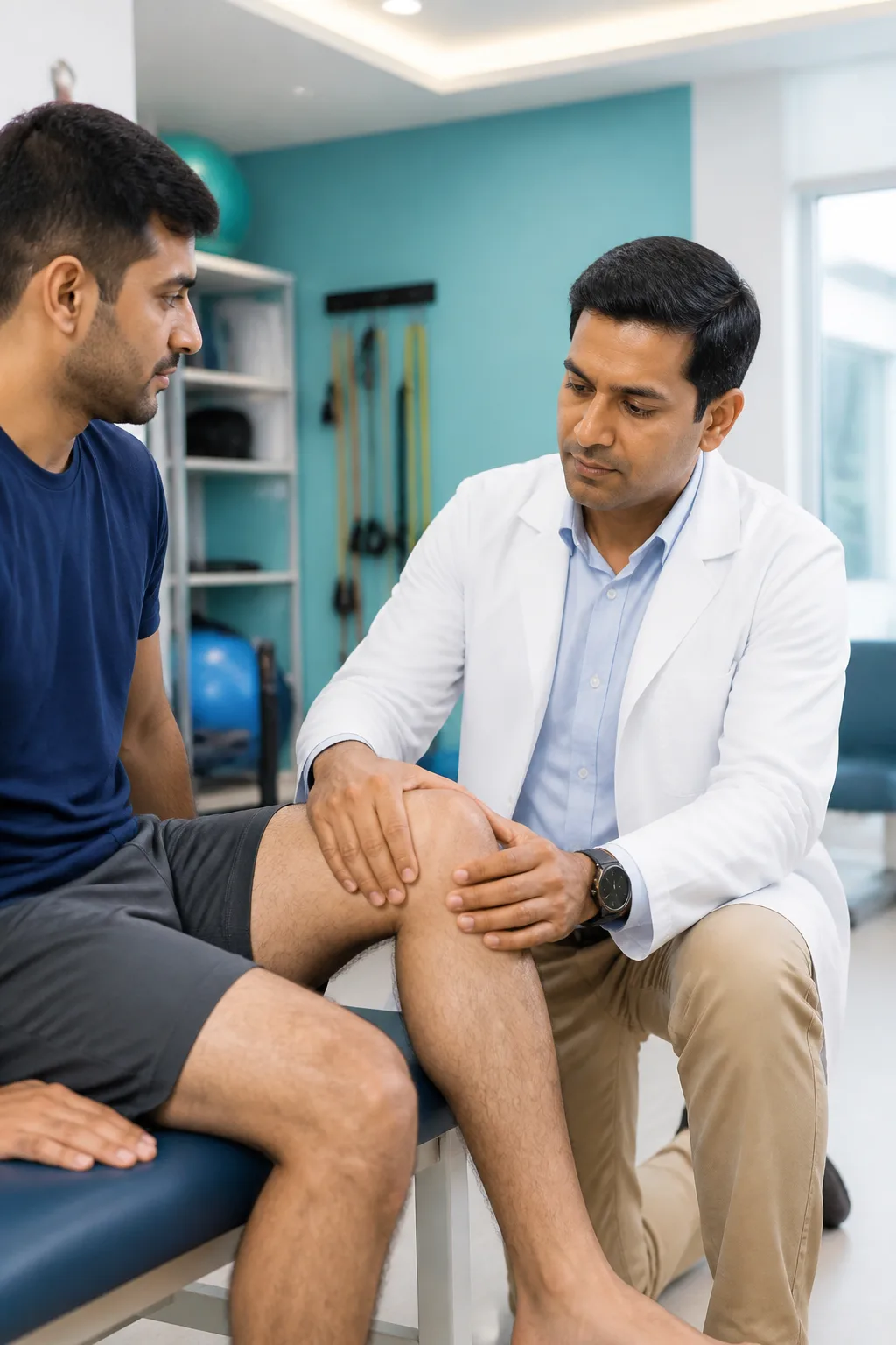 Knee examination in a physiotherapy room