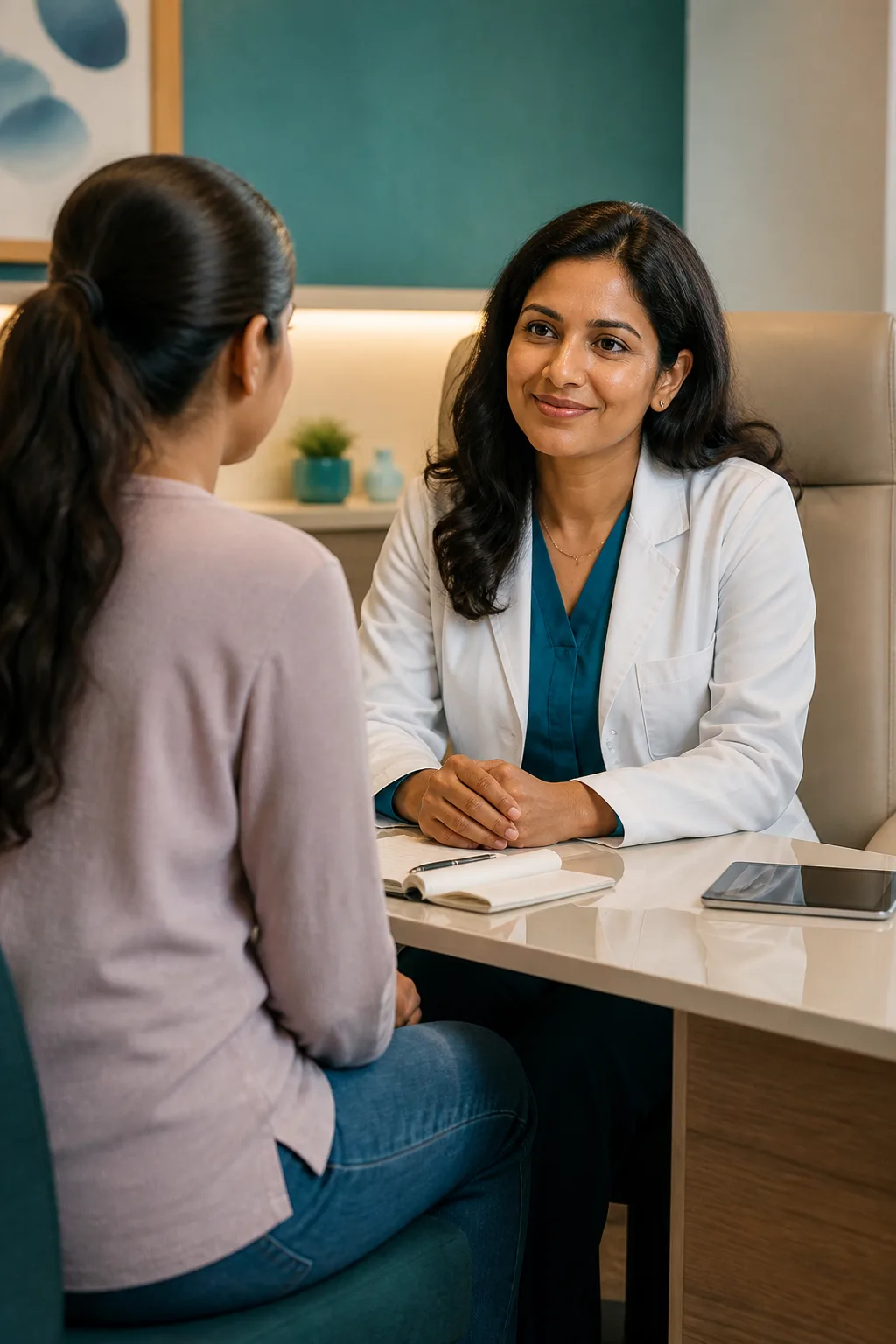 A gynecologist consulting a patient